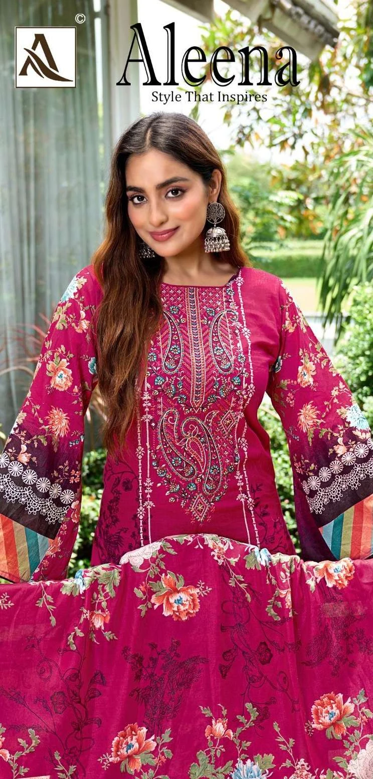 Alok Suit Aleena: Magenta salwar suit with floral print, featuring intricate thread embroidery on the neckline and matching floral dupatta.