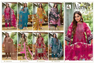 Alok Suit Aleena: Catalog cover displaying a collage of eight different printed and embroidered salwar suit designs in various colors.
