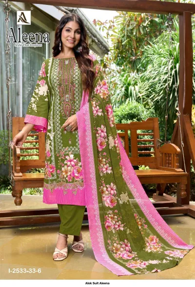 Alok Suit Aleena: Olive green salwar suit with pink floral patterns and thread embroidery, featuring a striped border and matching dupatta.