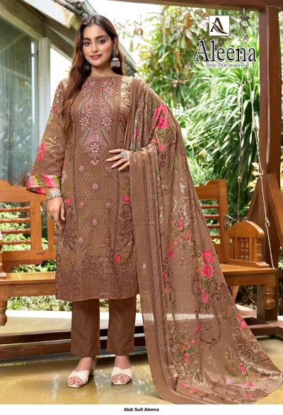 Alok Suit Aleena: Brown salwar suit featuring floral print patterns and delicate thread work embroidery on the bodice with a matching dupatta.