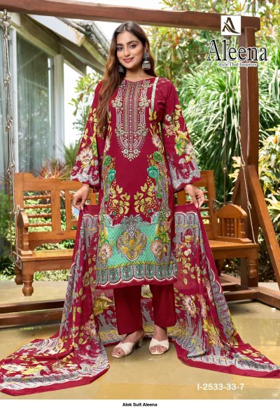 Alok Suit Aleena: Maroon salwar suit with intricate thread work embroidery and multicolored floral prints, styled with a matching floral dupatta.