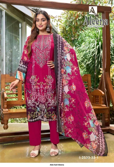 Alok Suit Aleena: Magenta salwar suit with floral print, detailed thread work embroidery, and a large matching floral printed dupatta.