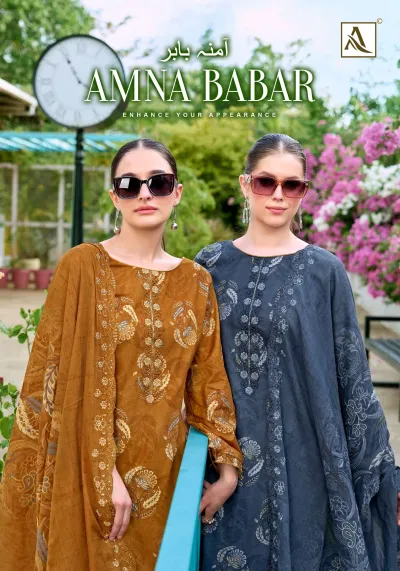 Alok Suit Amna Babar: Two models wearing ochre and grey salwar suits with floral prints and intricate thread embroidery work.