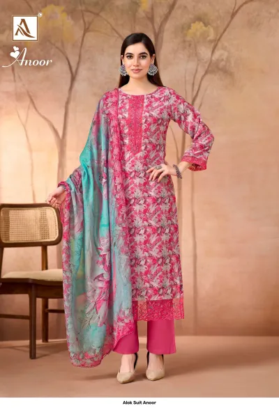 Alok Suit Anoor pink salwar suit with all-over floral print, thread work on the neckline, and a coordinated printed dupatta.