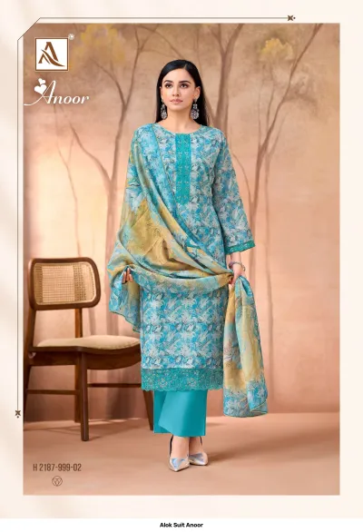 Alok Suit Anoor blue salwar suit with all-over floral print, thread work on the neckline, and a contrasting printed dupatta.