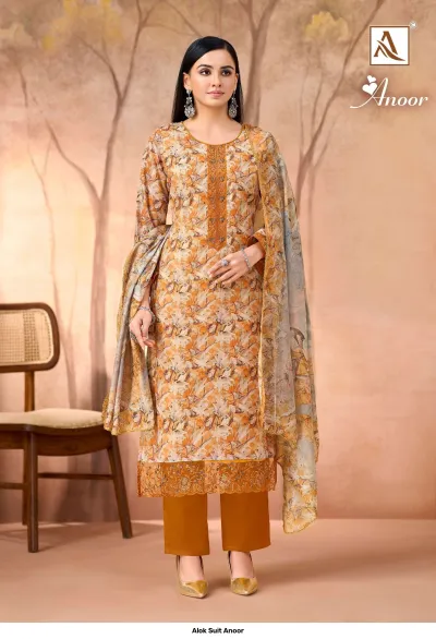 Alok Suit Anoor mustard orange salwar suit with all-over floral print, thread work on the neckline, and a coordinated printed dupatta.