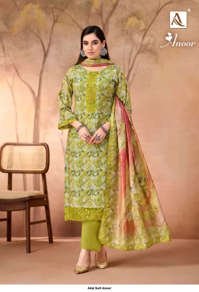 Alok Suit Anoor olive green salwar suit with all-over floral print, thread work on the neckline, and a coordinated printed dupatta.