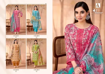 Alok Suit Anoor catalog collage featuring four different colorways of floral printed salwar suits with thread work details.