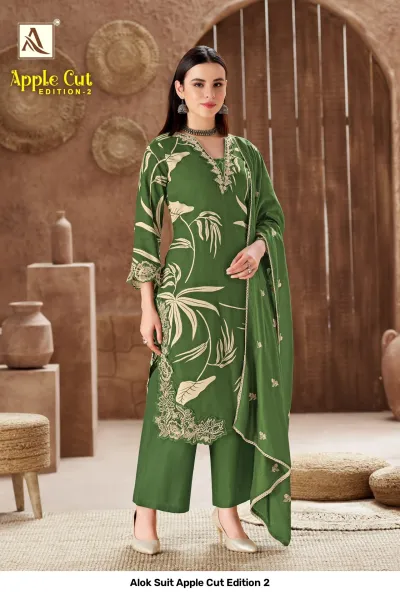 Alok Suit Apple Cut Edition 2 green salwar suit with beige botanical print, straight cut kurti, and embroidered hem detail.