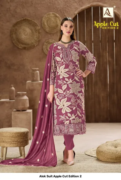 Alok Suit Apple Cut Edition 2 purple salwar suit with large floral print, embroidery at neckline and hem.