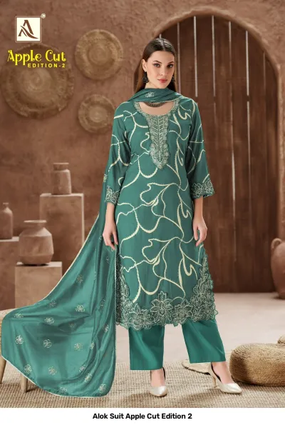 Alok Suit Apple Cut Edition 2 teal green salwar suit with linear pattern, embroidered neckline and decorative hem.