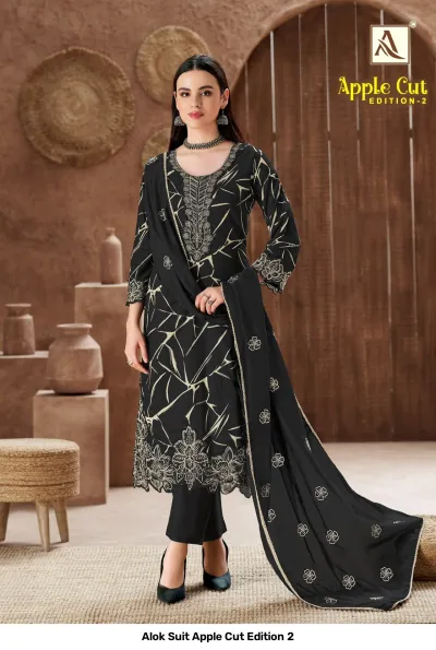 Alok Suit Apple Cut Edition 2 black salwar suit featuring white linear pattern and detailed embroidery on the kurti.