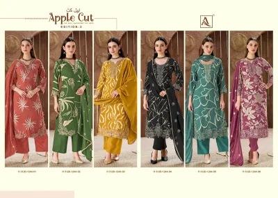 Alok Suit Apple Cut Edition 2 catalog collage showcasing six different color variations of the printed and embroidered salwar suit designs.