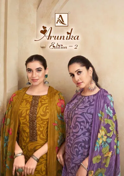 Alok Suit Arunika Edition 2 catalog cover featuring models in various patterned salwar suits with floral dupattas.
