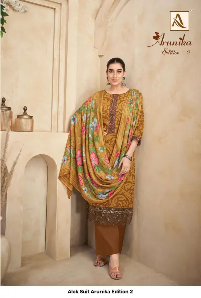 Alok Suit Arunika Edition 2 mustard yellow printed salwar suit with floral dupatta, embroidery work, and plain bottom.