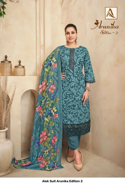 Alok Suit Arunika Edition 2 teal blue patterned salwar suit with floral dupatta, embroidery work, and plain bottom.