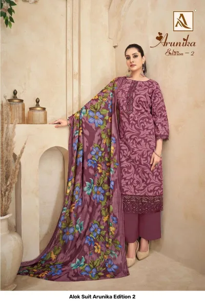 Alok Suit Arunika Edition 2 mauve purple patterned salwar suit with floral dupatta, embroidery work, and plain bottom.