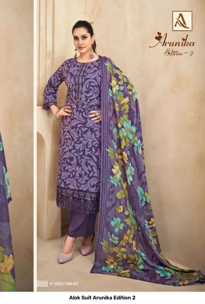 Alok Suit Arunika Edition 2 purple patterned salwar suit with floral dupatta, embroidery work, and plain bottom.