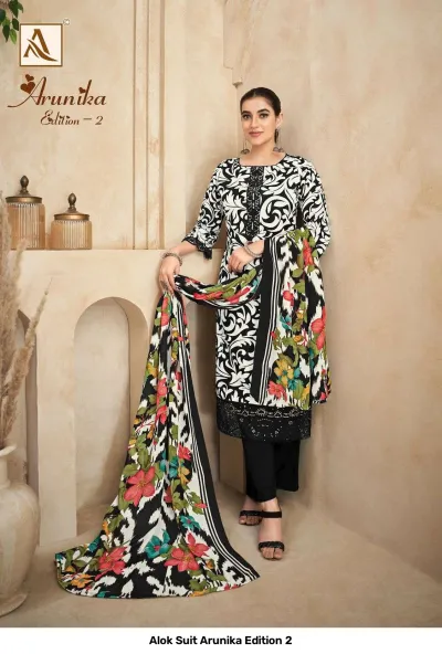 Alok Suit Arunika Edition 2 black and white printed salwar suit with floral dupatta, embroidery work, and plain bottom.