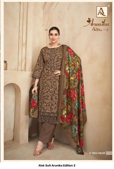 Alok Suit Arunika Edition 2 brown patterned salwar suit with floral dupatta, embroidery work, and plain bottom.