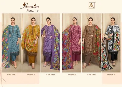 Alok Suit Arunika Edition 2 catalog collage displaying six different color variations of the patterned salwar suit collection.