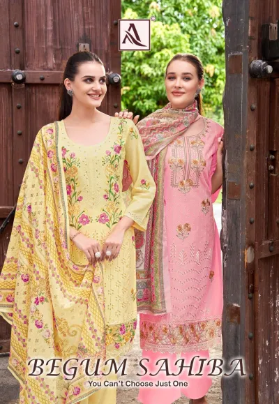 Alok Suit Begum Sahiba: Catalog cover featuring two models wearing yellow and pink embroidered salwar suits with printed dupattas.