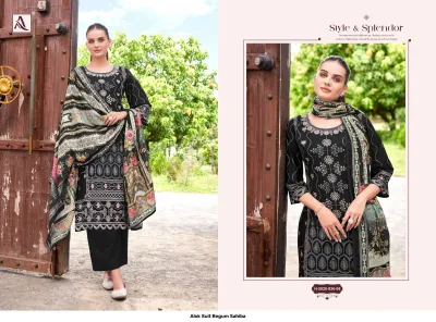 Alok Suit Begum Sahiba H-2020-836-08: Black embroidered salwar suit with white thread work, matching salwar, and floral printed dupatta.