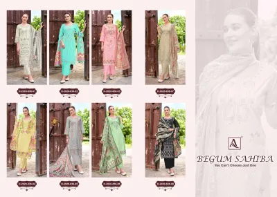 Alok Suit Begum Sahiba: Catalog collage displaying various color options of embroidered salwar suits with matching printed dupattas.
