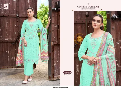 Alok Suit Begum Sahiba H-2020-836-02: Mint green embroidered salwar suit with thread work, matching salwar, and floral printed dupatta.