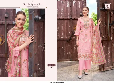 Alok Suit Begum Sahiba H-2020-836-03: Pale pink embroidered salwar suit with thread work, matching salwar, and floral printed dupatta.