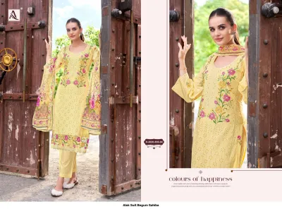 Alok Suit Begum Sahiba H-2020-836-04: Light yellow embroidered salwar suit with floral thread work, matching salwar, and floral printed dupatta.