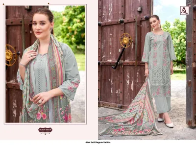 Alok Suit Begum Sahiba H-2020-836-05: Grey embroidered salwar suit with floral thread work, matching salwar, and floral printed dupatta.