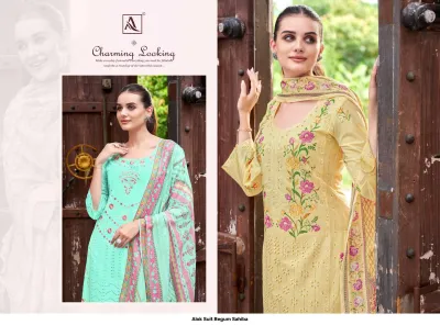 Alok Suit Begum Sahiba: Collage showing two models in mint green and yellow floral embroidered salwar suits.