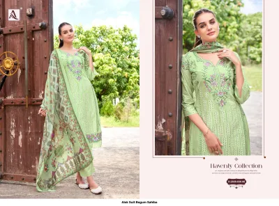 Alok Suit Begum Sahiba H-2020-836-06: Light green embroidered salwar suit with thread work, matching salwar, and floral printed dupatta.