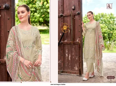 Alok Suit Begum Sahiba H-2020-836-07: Beige embroidered salwar suit with floral thread work, matching salwar, and floral printed dupatta.