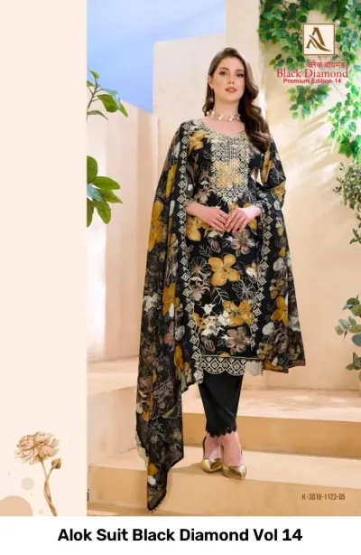 Alok Suit Black Diamond Vol 14: Model wearing black salwar suit with yellow and grey floral print and zari embroidery.