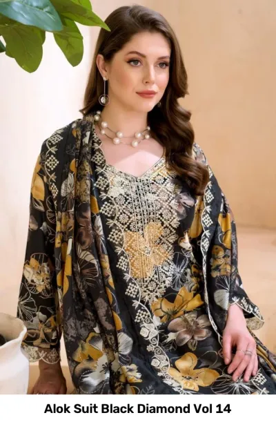 Alok Suit Black Diamond Vol 14: Close-up portrait of model in black and yellow floral printed salwar suit.