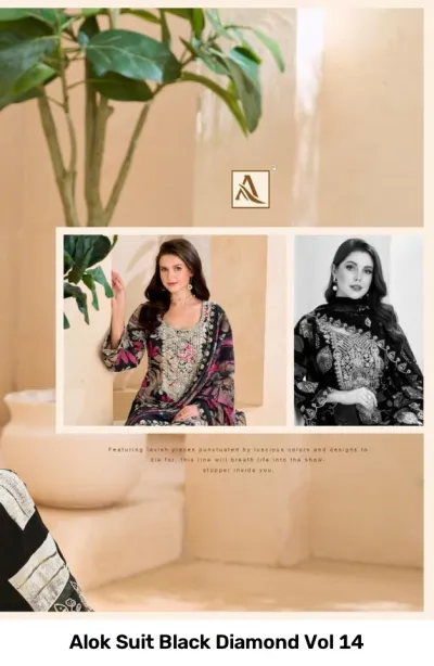 Alok Suit Black Diamond Vol 14: Catalog collage featuring two views of a black and floral print salwar suit.