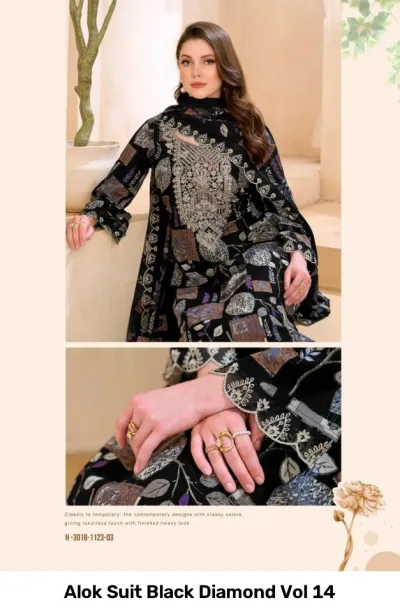 Alok Suit Black Diamond Vol 14: Catalog collage showing a black floral salwar suit and a close-up of sleeve embroidery.