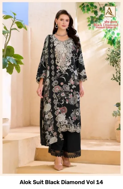 Alok Suit Black Diamond Vol 14: Model wearing black salwar suit with floral print and detailed zari thread work.