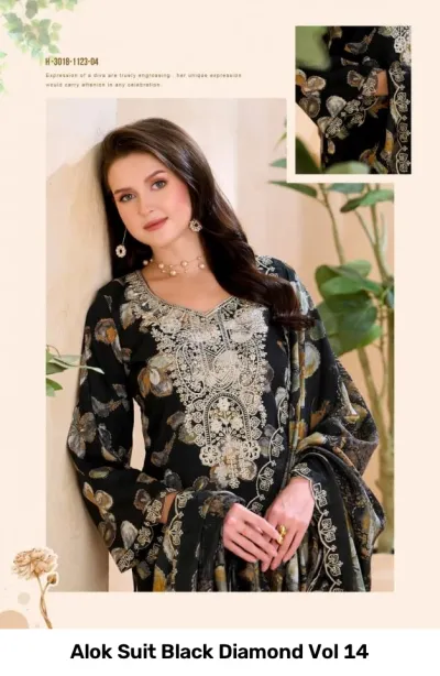 Alok Suit Black Diamond Vol 14: Catalog collage featuring a black floral salwar suit and a close-up of garment detail.
