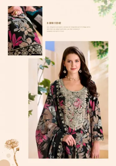 Alok Suit Black Diamond Vol 14: Catalog collage featuring a model in a black floral salwar suit and a close-up view.
