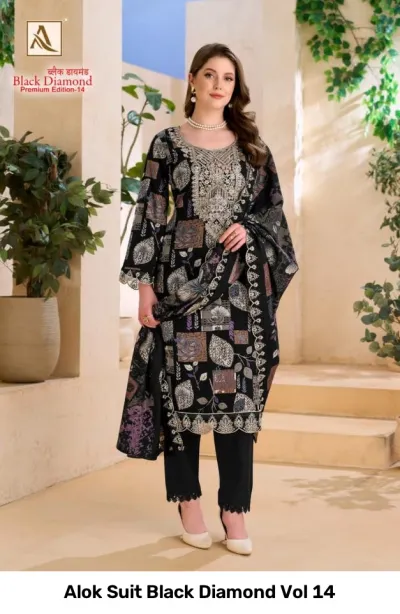 Alok Suit Black Diamond Vol 14: Model wearing black salwar suit with intricate floral print and zari embroidery work.