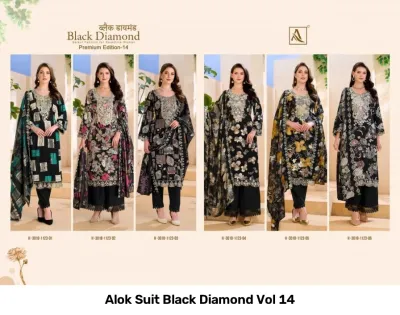 Alok Suit Black Diamond Vol 14: Catalog cover collage featuring models in various black printed and embroidered salwar suits.