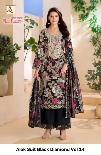 Alok Suit Black Diamond Vol 14: Model wearing black salwar suit with floral print and detailed zari thread work.