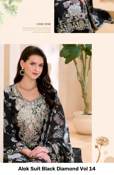Alok Suit Black Diamond Vol 14: Catalog cover showing close-up of embroidered black salwar suit with floral prints.