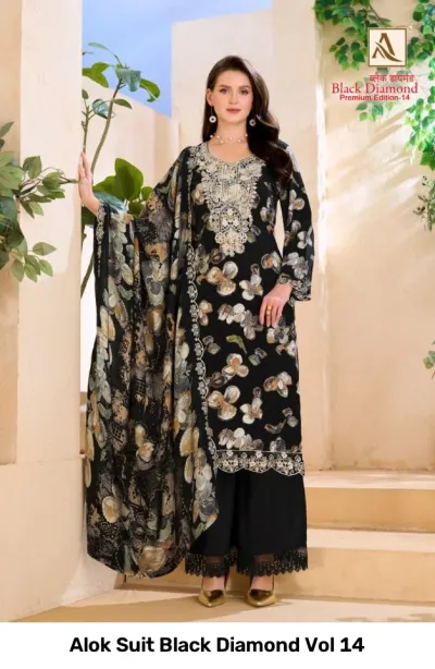 Alok Suit Black Diamond Vol 14: Model wearing black salwar suit with all-over floral print and heavy zari embroidery.