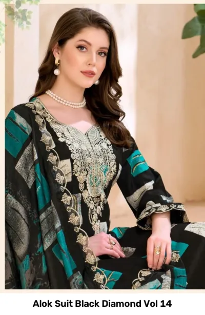 Alok Suit Black Diamond Vol 14: Close-up of model wearing black salwar suit with teal patterns and zari thread work.