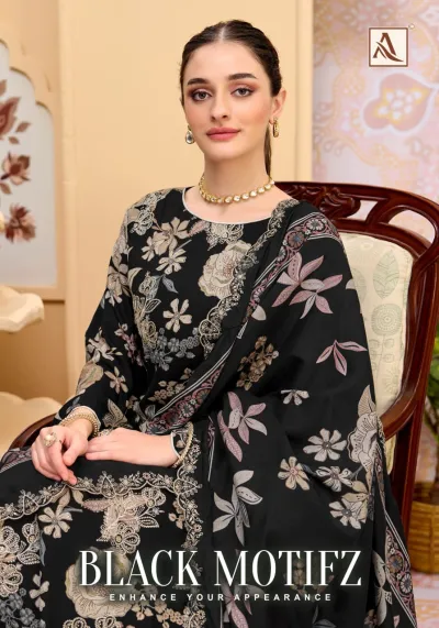 Alok Suit Black Motifz: Black salwar suit with floral print and intricate thread work embroidery on the kurti and dupatta.