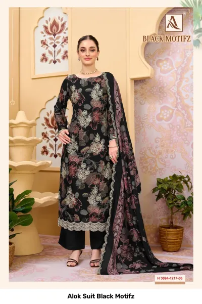 Alok Suit Black Motifz: Black salwar suit with floral prints and thread work, featuring a straight cut kurti and matching dupatta.